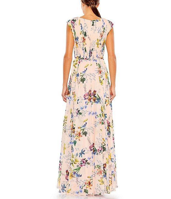 Mac Duggal V-Neck Shirred Bodice Floral Chiffon A-Line Gown Product Image