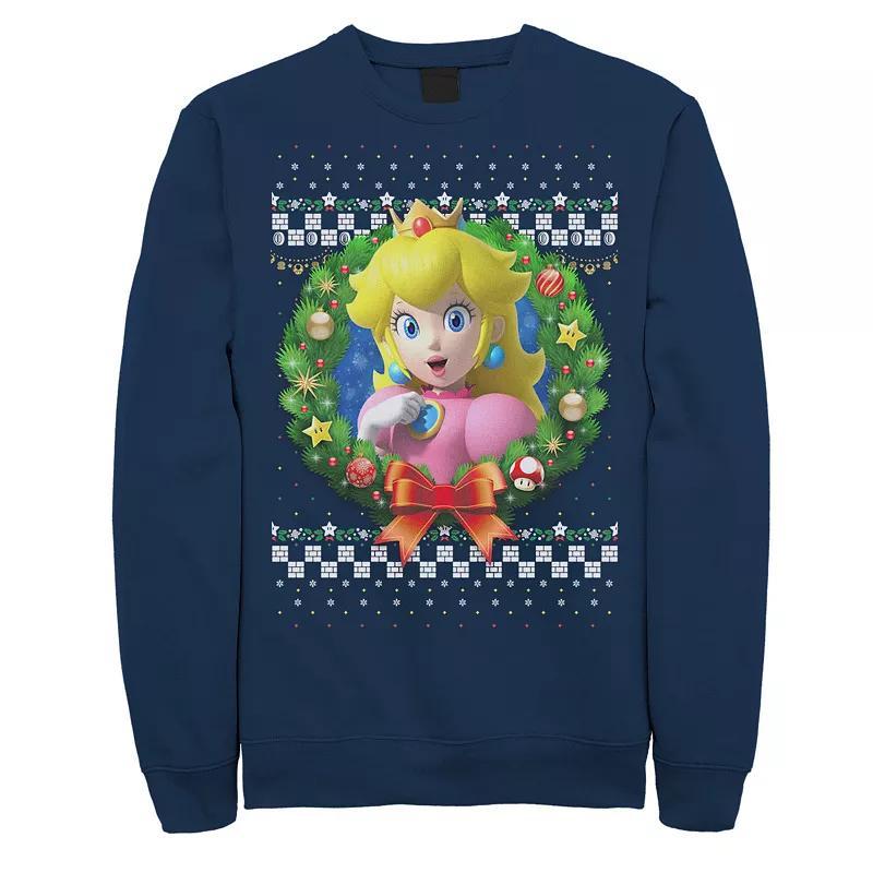 Men's Nintendo Super Mario 3D Peach Christmas Wreath Graphic Fleece Sweatshirt, Size: 3XL, Blue Product Image