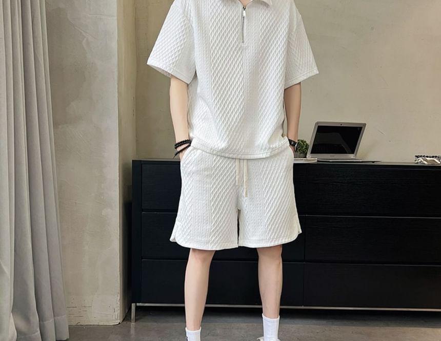 Set: Elbow-Sleeve Plain Textured Half-Zip Polo Shirt + Drawstring Waist Wide Leg Sweat Shorts Product Image