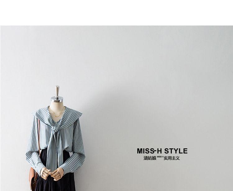 Long Sleeve Tie Neck Striped Blouse Product Image