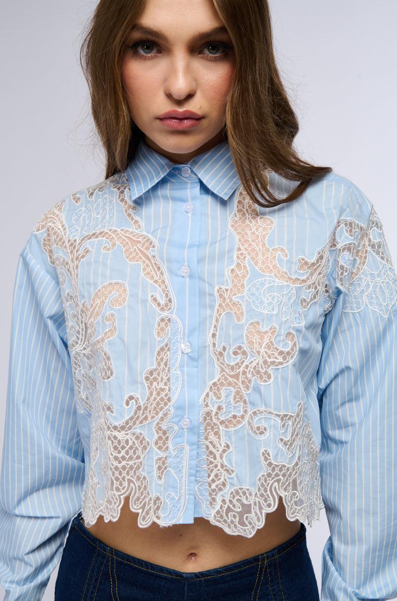 LOVE ME LIKE THAT BUTTON DOWN BLOUSE WITH LACE DETAILING Product Image