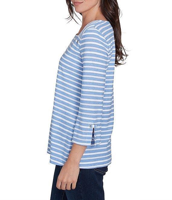 Ruby Rd. Ribbon Stripe Print Knit Square Button Trim Detail Neck 3/4 Bell Sleeve Top Product Image