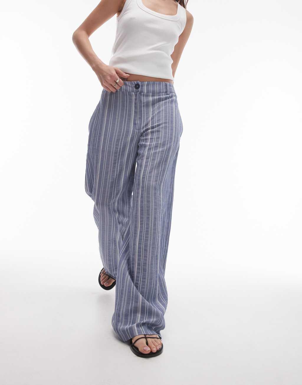 Topshop low slung tailored striped pants in blue Product Image