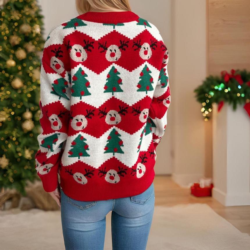 Crew Neck Christmas Deer Print Sweater Product Image