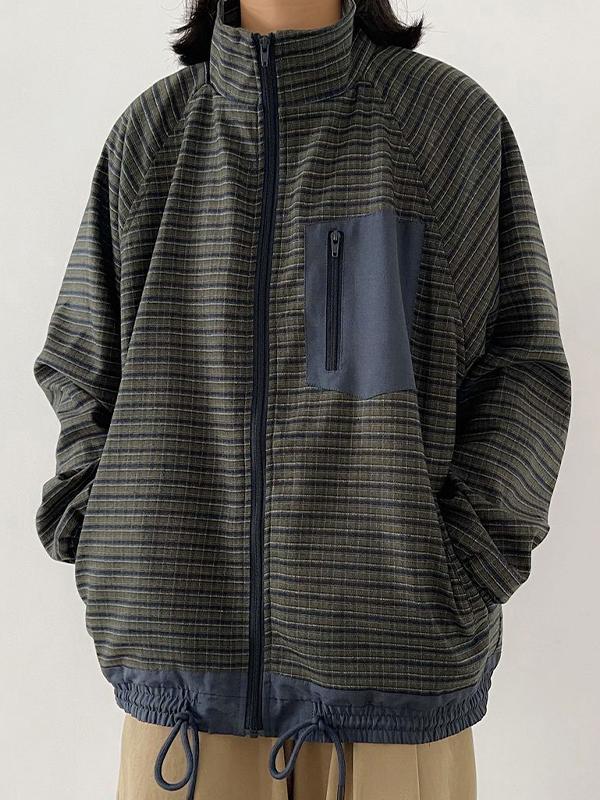 Men's Vintage Plaid Drawstring Hem Zip Up Jacket Product Image