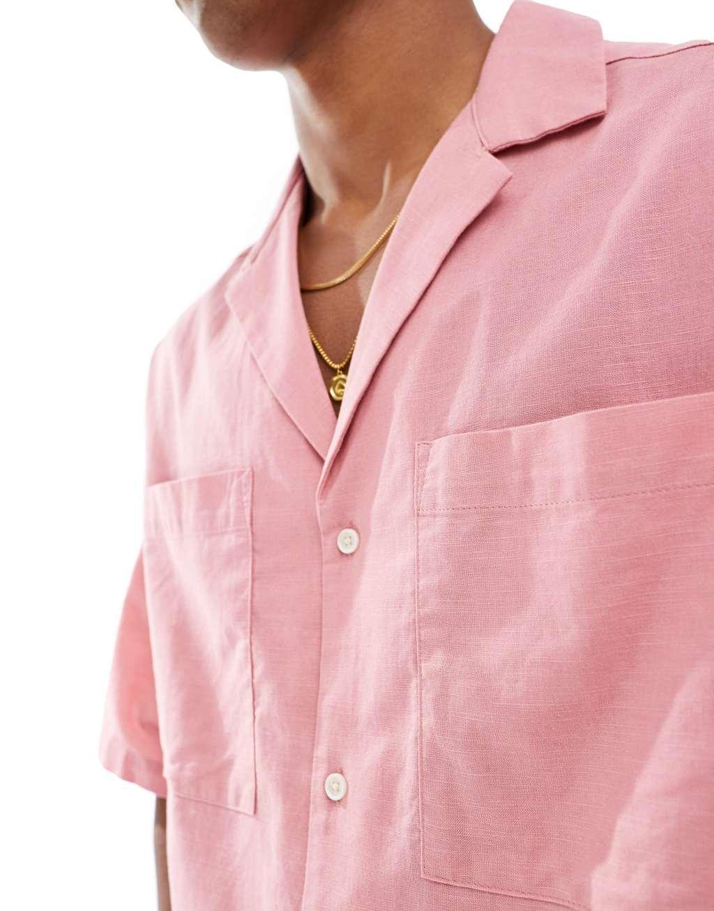 ASOS DESIGN 90s oversized linen blend shirt with deep camp collar in pink Product Image