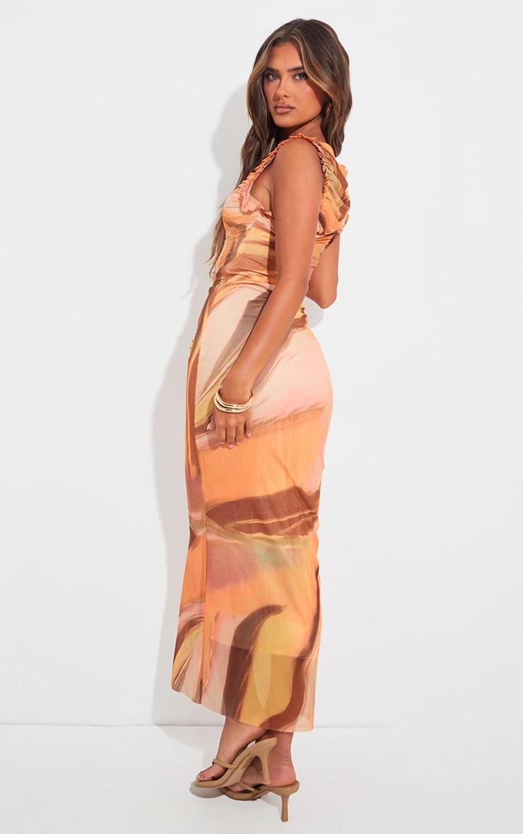  Orange Abstract Print Mesh Racer Neck Midaxi Dress Product Image