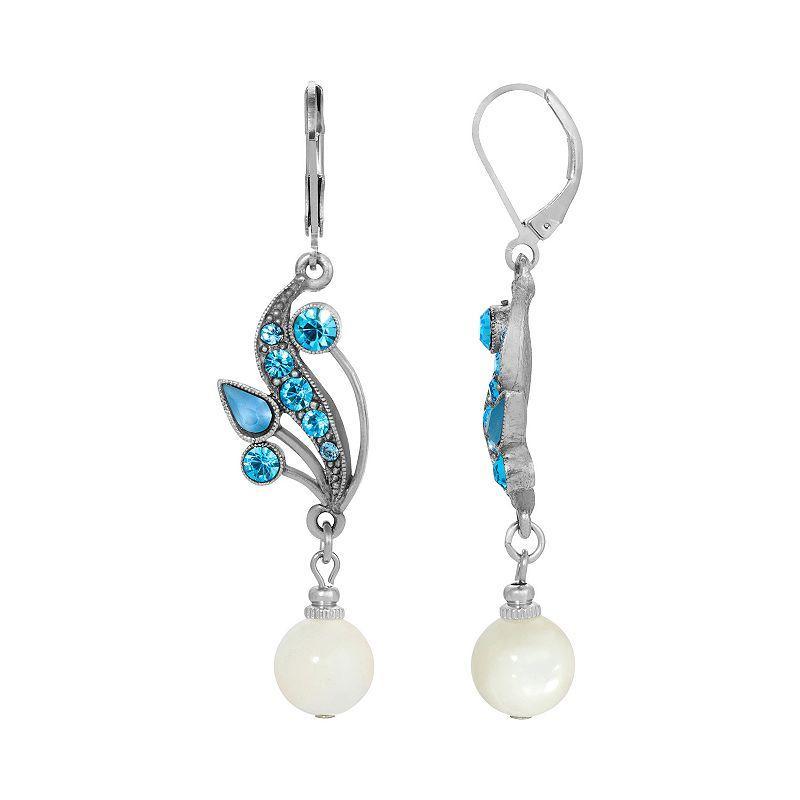 1928 Silver Tone Simulated Mother Of Pearl and Blue Crystal Drop Earrings, Womens, White Product Image