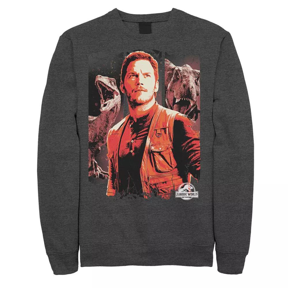 Men's Jurassic World Two Owen and Dinosaurs Red Hue Panel Portrait Sweatshirt, Size: Medium, Grey Heather Product Image