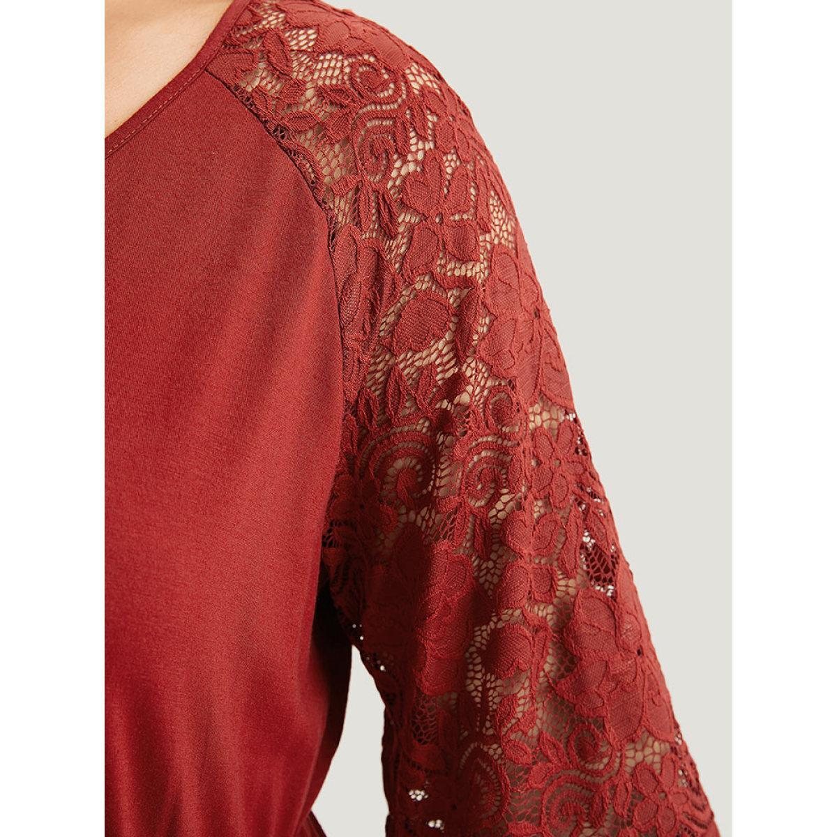 Plus Size Plain Pocket Lace Panel Lantern Sleeve Dress Scarlet Women Casual Elastic cuffs Round Neck Long Sleeve Curvy Midi Dress BloomChic 18-20/2X Product Image