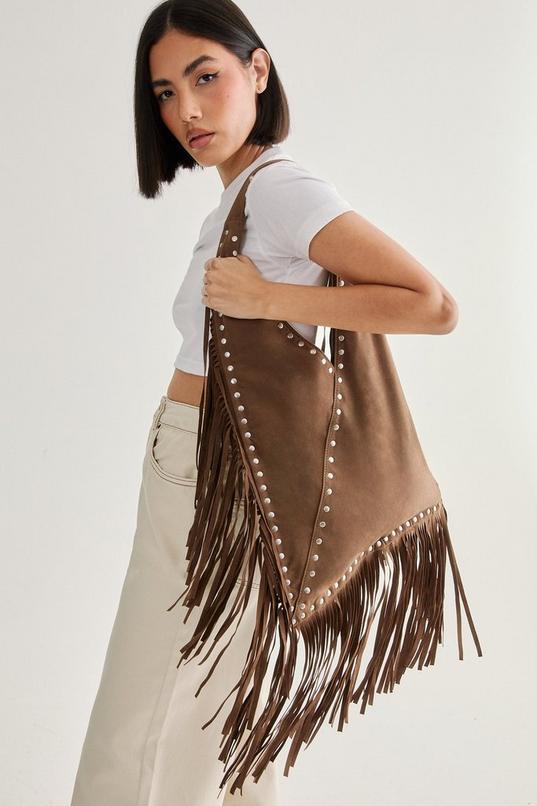 Faux Suede Studded Fringe Day Bag Product Image