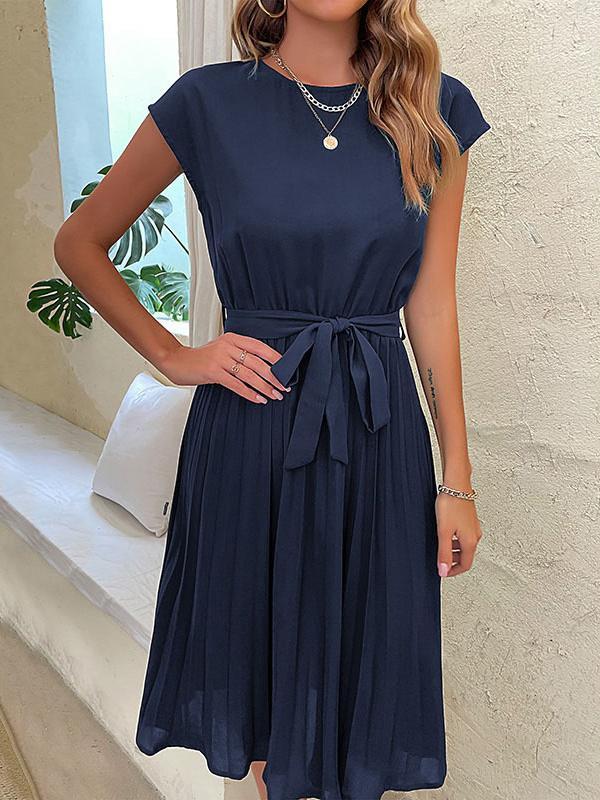 A-Line Loose Pleated Solid Color Tied Waist Round-Neck Midi Dresses Product Image