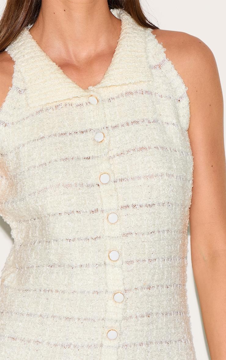  Cream Boucle Knit Button Through Collar Detal Mini Dress Product Image