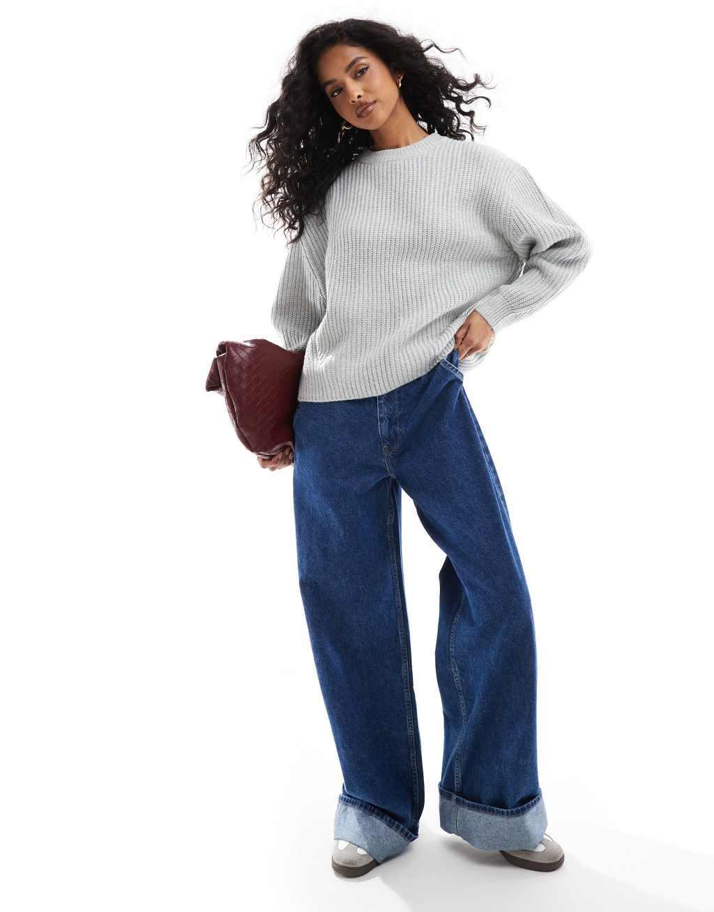 ASOS DESIGN chunky crew neck rib sweater in gray Product Image