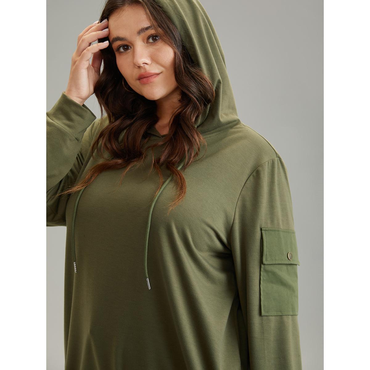 Plus Size Solid Flap Pocket Hooded Drawstring Sweatshirt Women ArmyGreen Casual Plain Hooded Dailywear Sweatshirts BloomChic 28/5X Product Image
