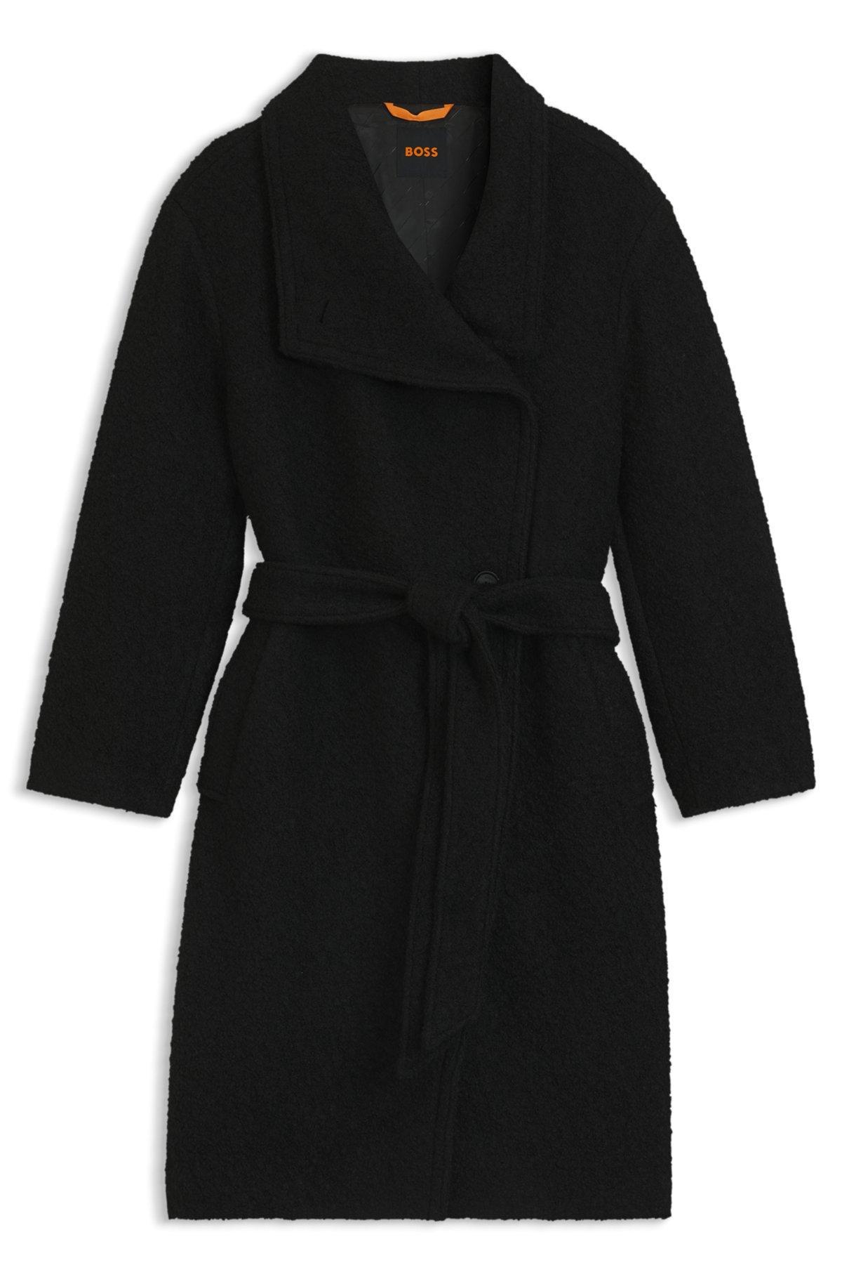 Bouclé coat with belt and stand collar Product Image