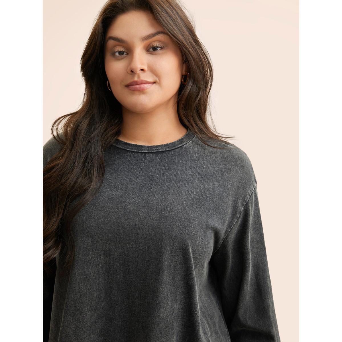 Plus Size Vintage Round Neck Slightly Stretchy Sweatshirt Women Black Casual Non Loose Round Neck Everyday Sweatshirts BloomChic 22-24/3X Product Image