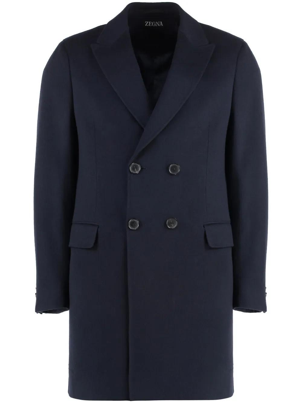 ZEGNA Wool Blend Double-breasted Coat In Blue Product Image