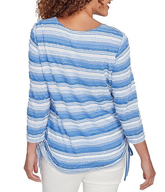 Ruby Rd. Petite Size Yarn-Dyed Eyelash Stripe Scoop Neck 3/4 Sleeve Adjustable Side Ties Top Product Image