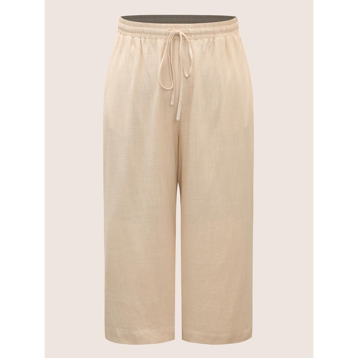 Plus Size Linen Blend Drawstring Mid Rise Wide Leg Pants Women Beige Casual Wide Leg Mid Rise Everyday Pants BloomChic 10/M Product Image