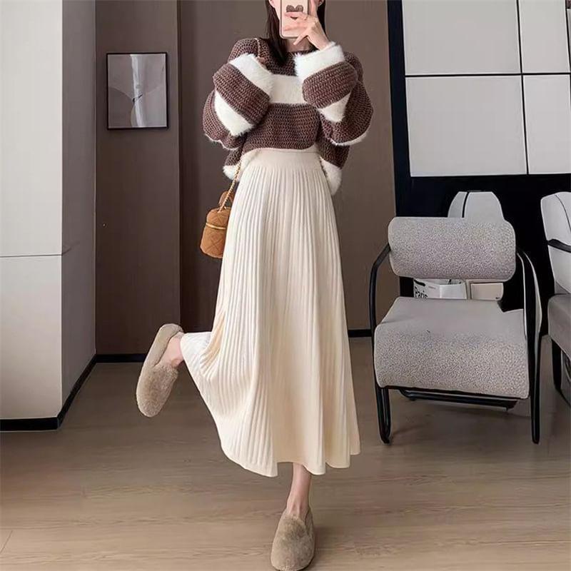 High Waist Plain Ribbed Knit Midi A-Line Skirt Product Image