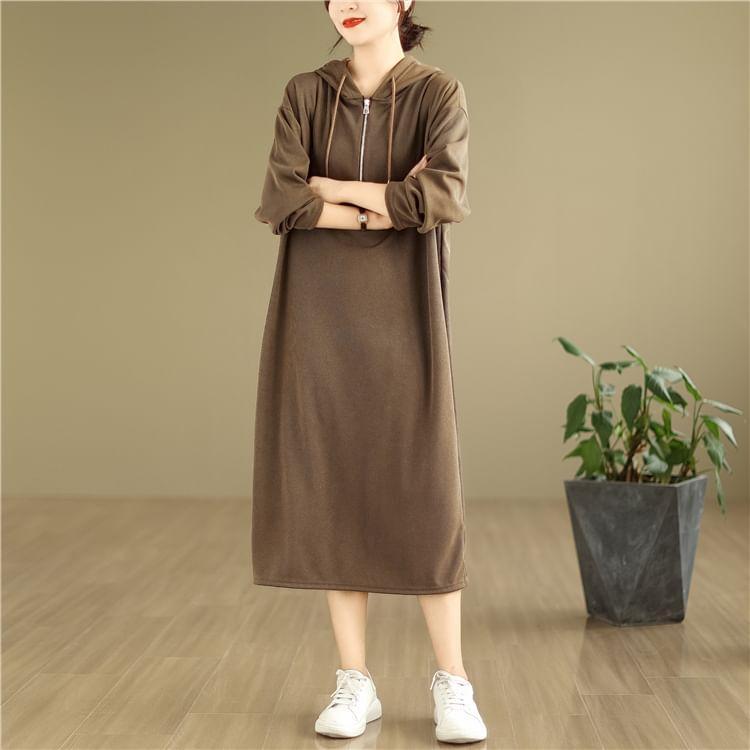 Half Zip Plain Midi Hoodie Dress Product Image