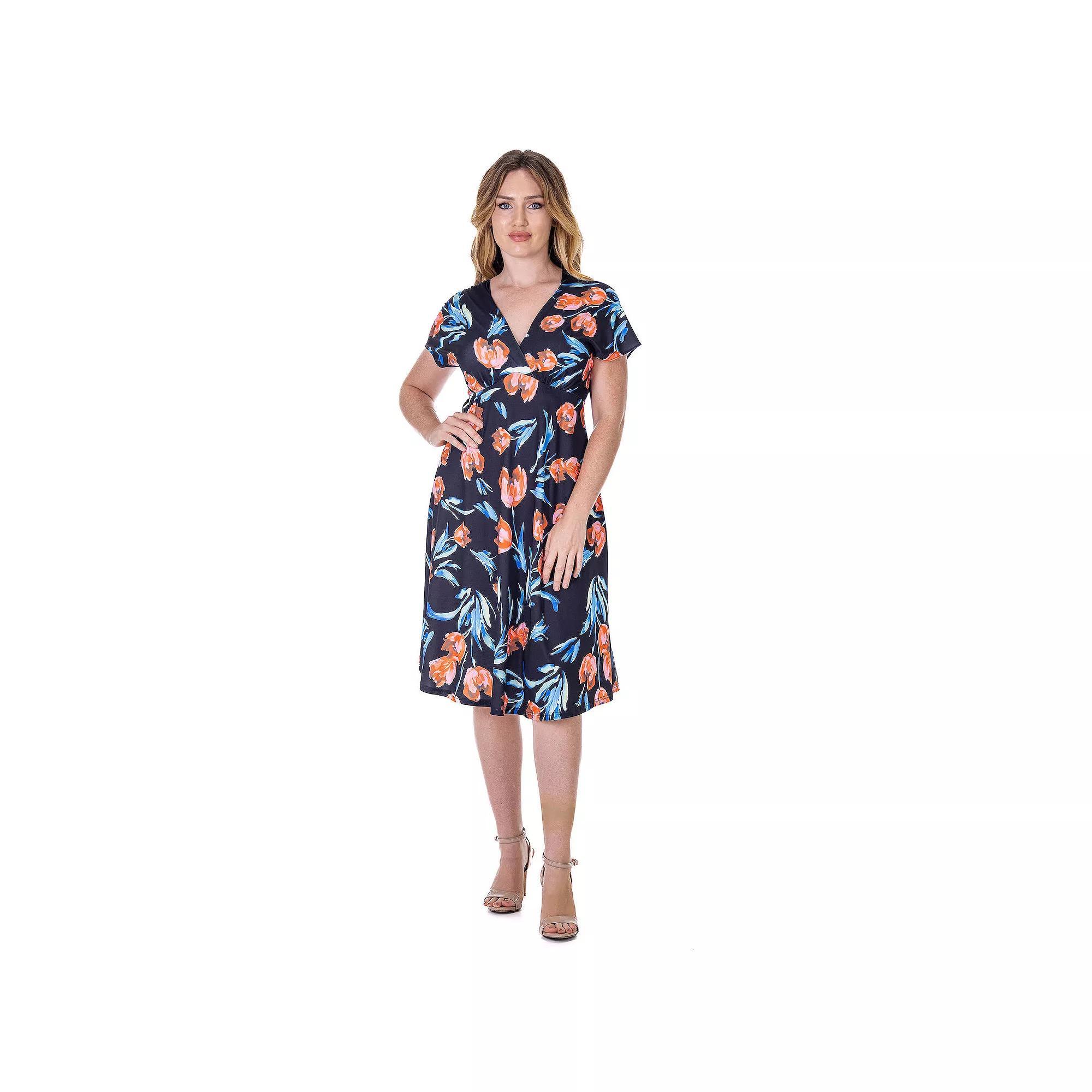 Women's 24Seven Comfort Apparel V Neck Empire Waist Kimono Cap Sleeve Knee Length Dress,  Product Image