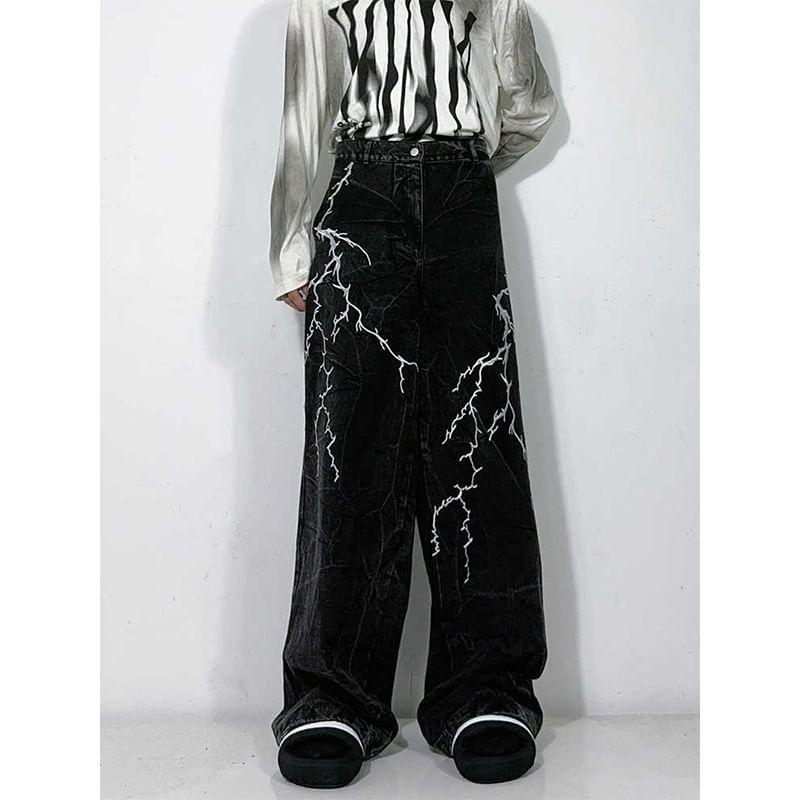 Mid Rise Lightning Embroidered Washed Wide Leg Jeans Product Image