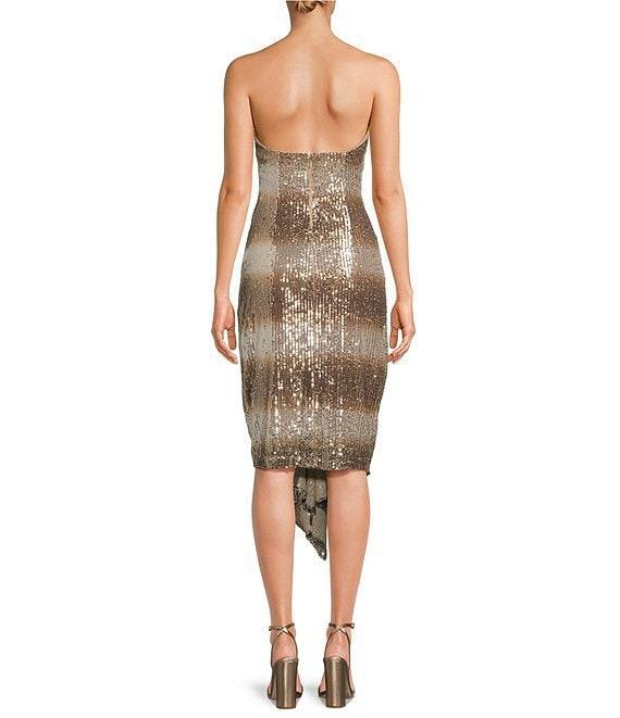 Belle by Badgley Mischka Julia Sequin Ruched Ombre Halter Neck Sleeveless Drape Front Midi Dress Product Image