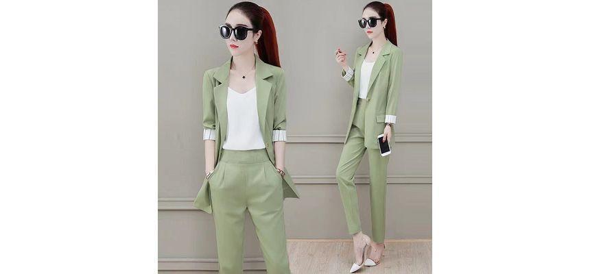 Set Of 3: Plain Single-Button Blazer + Mid Waist Straight Leg Dress Pants + Camisole Top Product Image