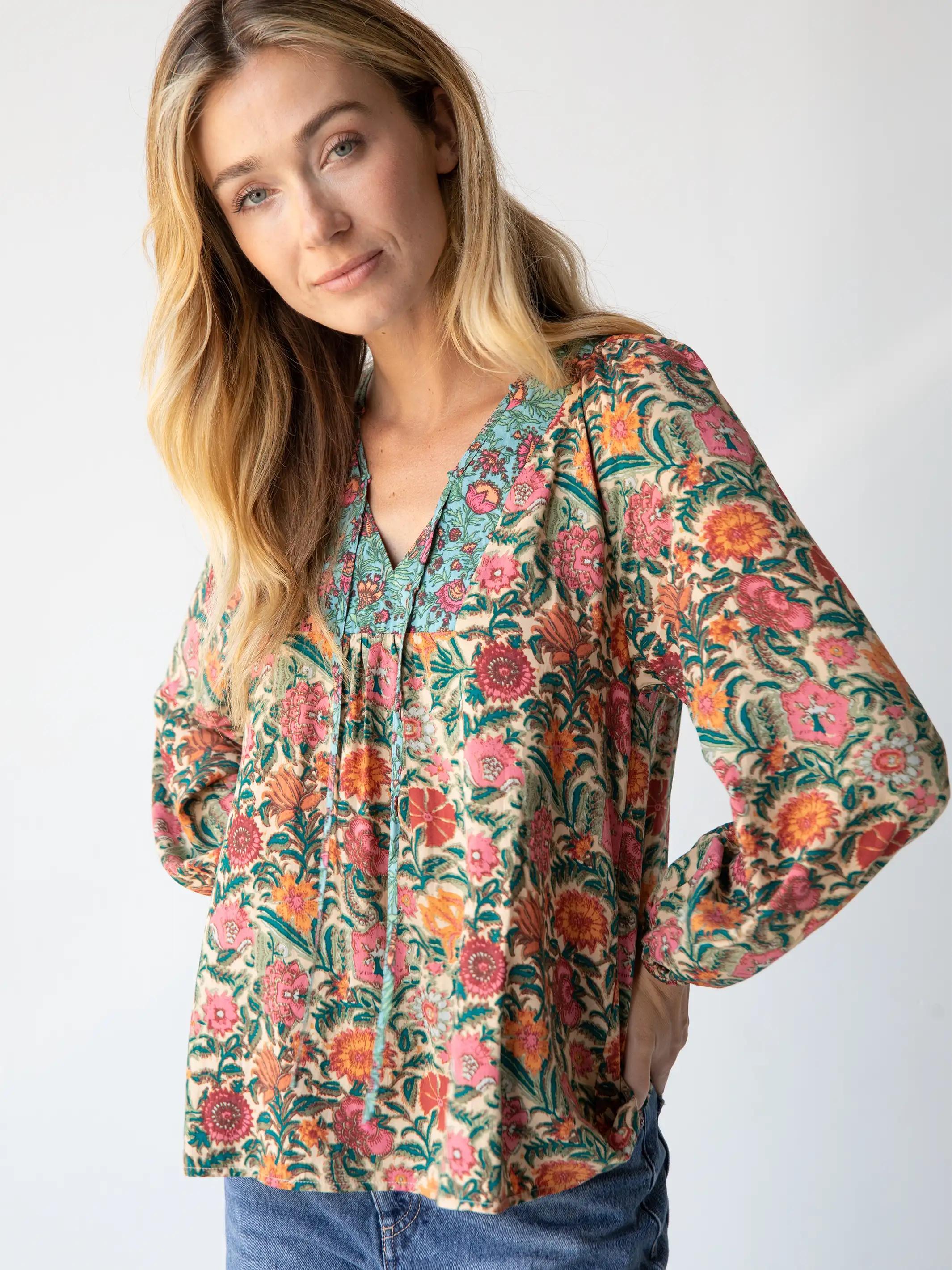 Rowan Top - Turquoise Cream Mixed Floral Product Image