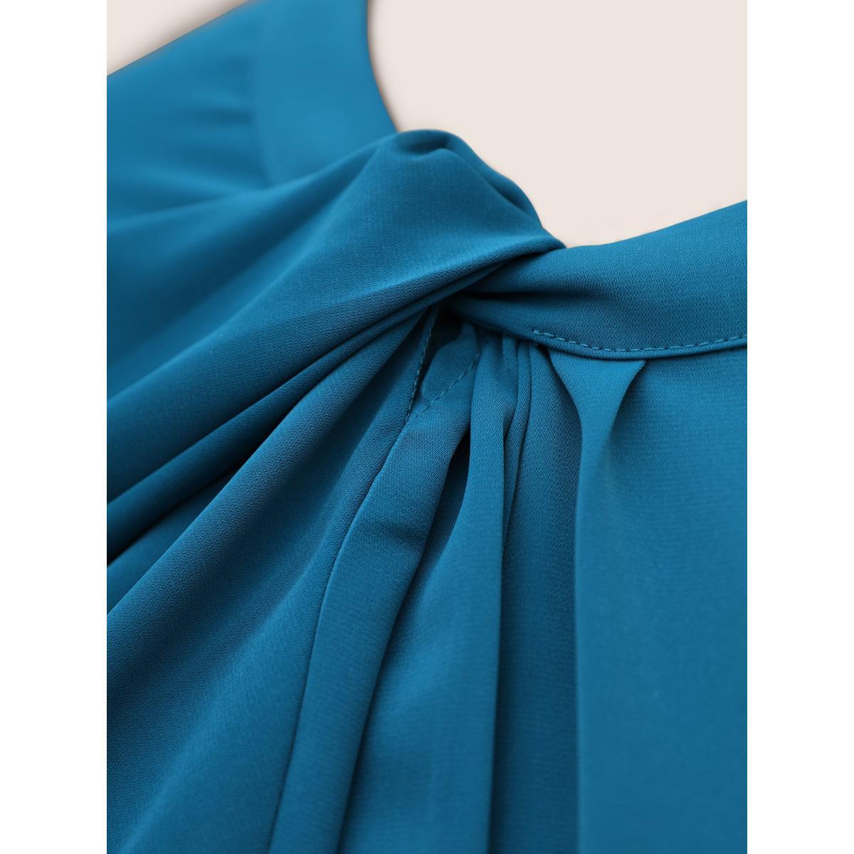Plus Size Mediumblue Twist Front Pleated Dolman Sleeve Blouse Women At the Office Short sleeve Mock Neck Work Blouses BloomChic 26/4X Product Image