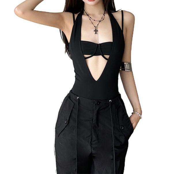 Set: Plain Cutout Bra Top + Halter V-Neck Plunge Open Back Bodysuit Top Product Image