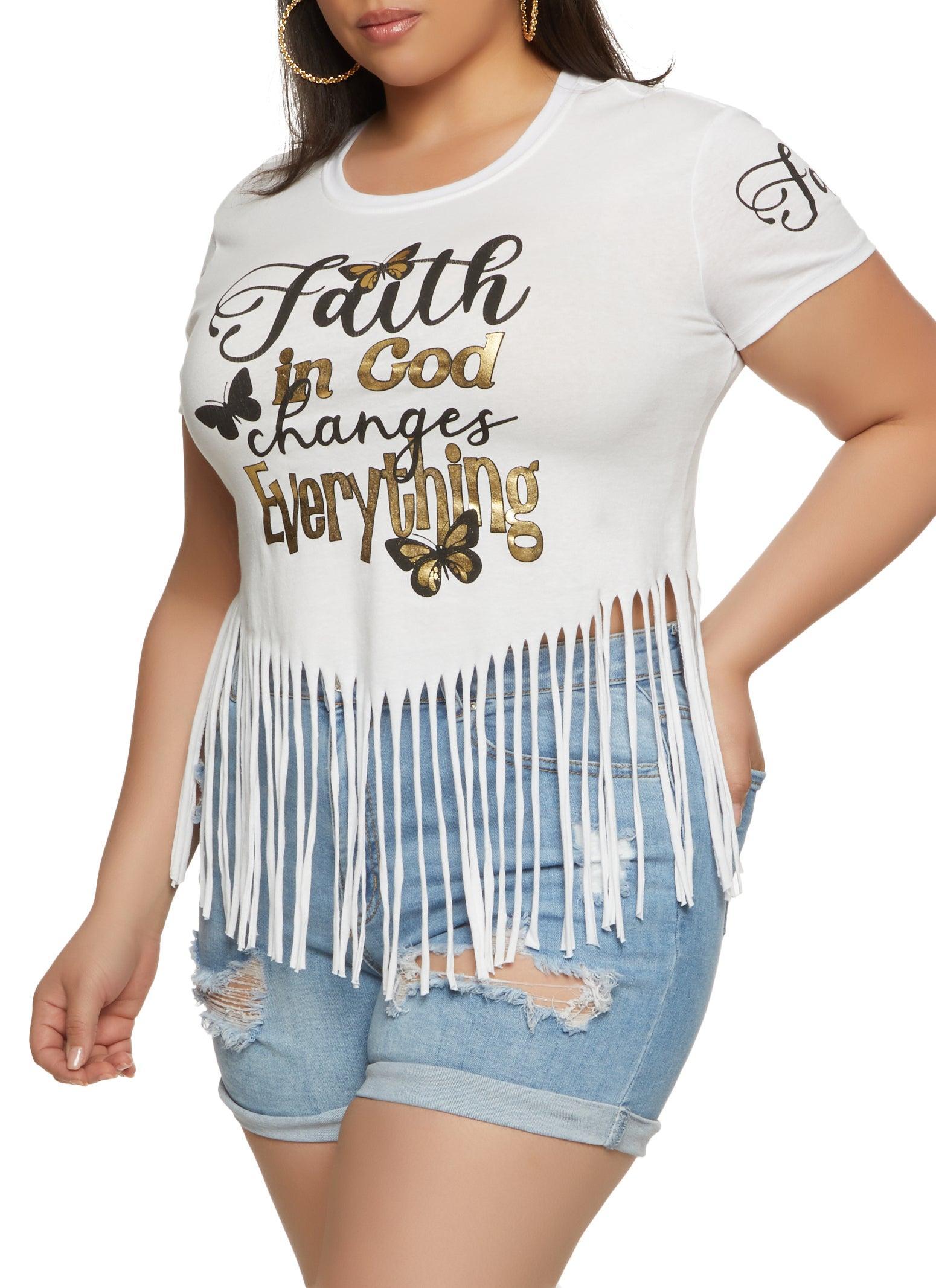 Womens Plus Size Faith In God Changed Everything Fringe Hem Graphic Tee Product Image