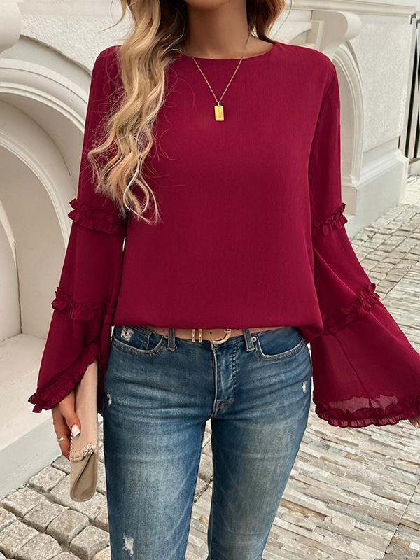 Flared Sleeves Long Sleeves Solid Color Split-Joint Round-Neck T-Shirts Tops Product Image
