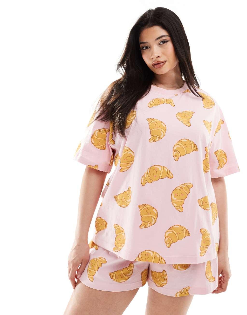 ASOS DESIGN Curve croissant oversized tee & shorts pajama set in pink Product Image