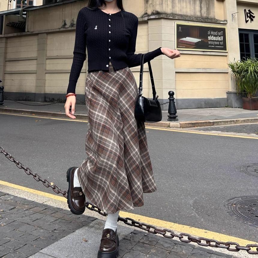 High Waist Plaid Maxi A-Line Skirt Product Image