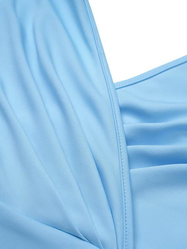 Bodycon Sleeveless Pleated Solid Color Split-front Zipper V-neck Midi Dresses Product Image