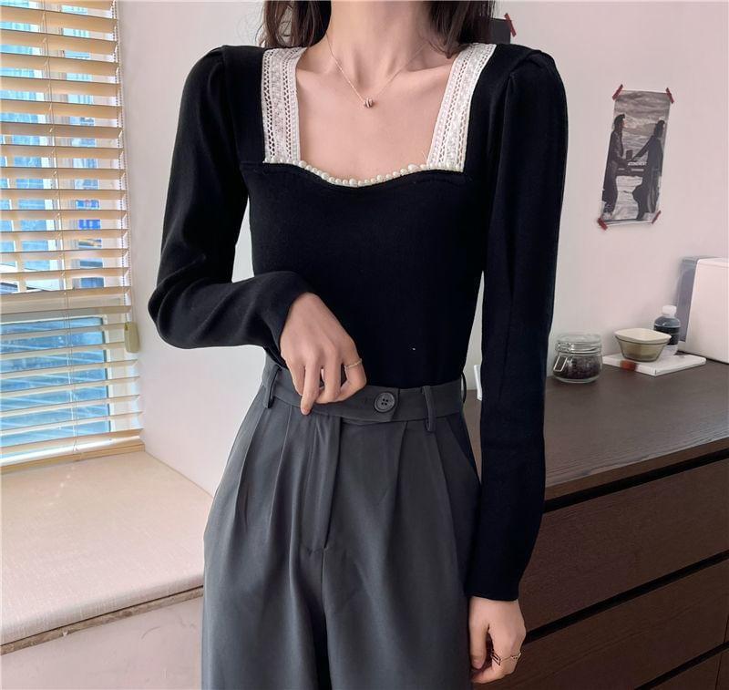 Long Sleeve Square Neck Plain Lace Trimmed Crop Top Product Image