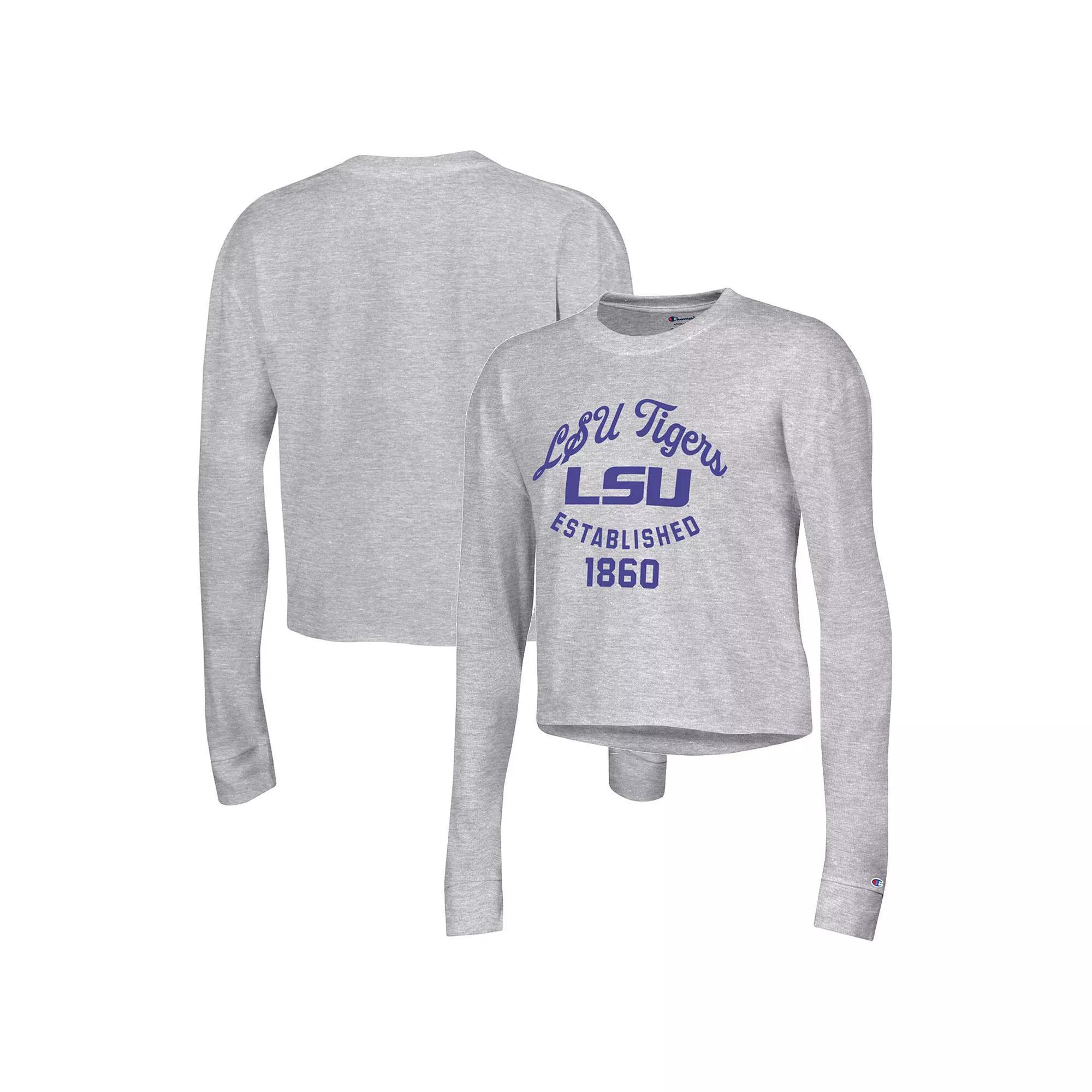 Women's Champion Gray LSU Tigers Boyfriend Cropped Long Sleeve T-Shirt,  Product Image