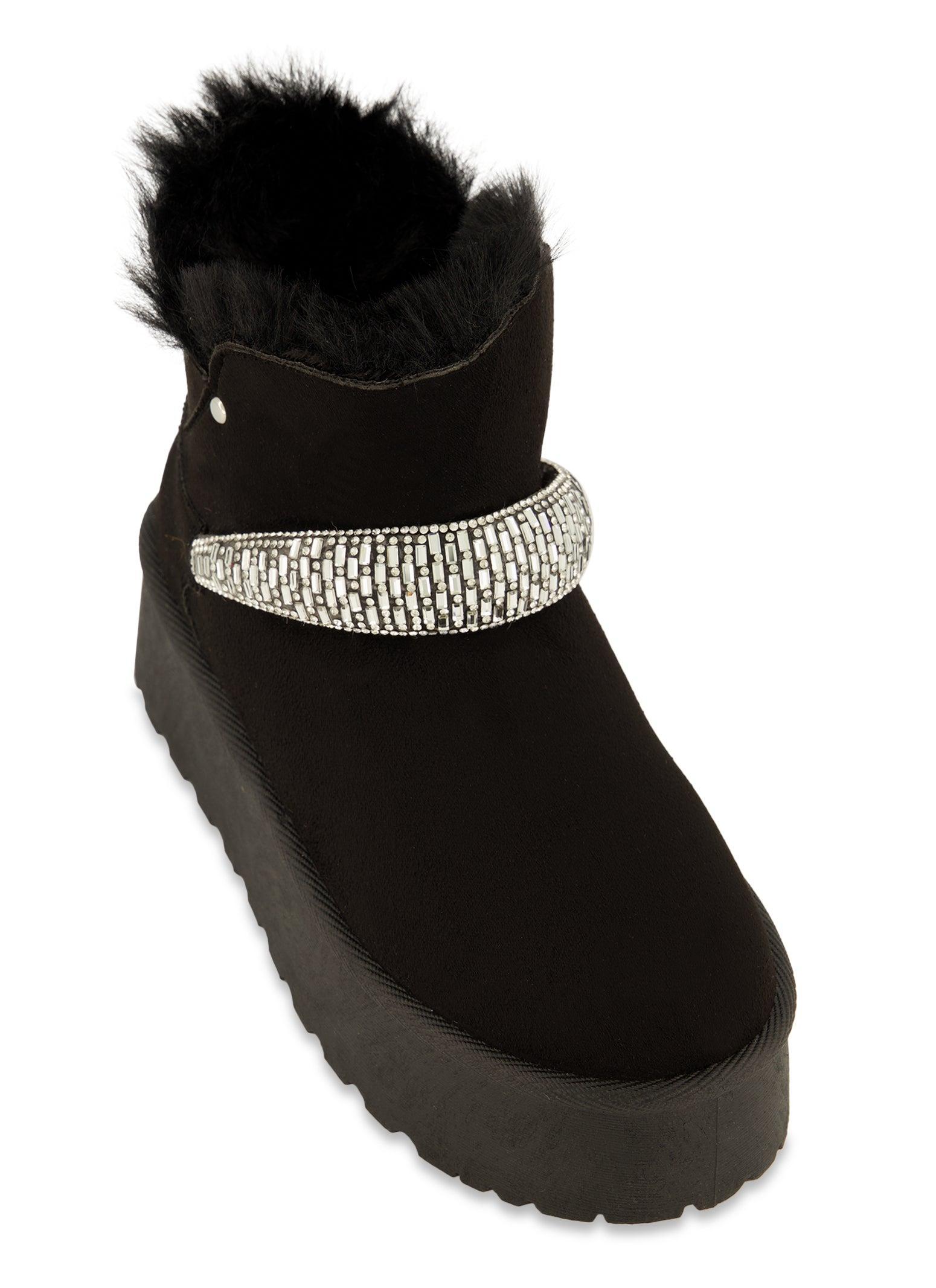 Womens Rhinestone Trim Faux Fur Lined Platform Booties Product Image