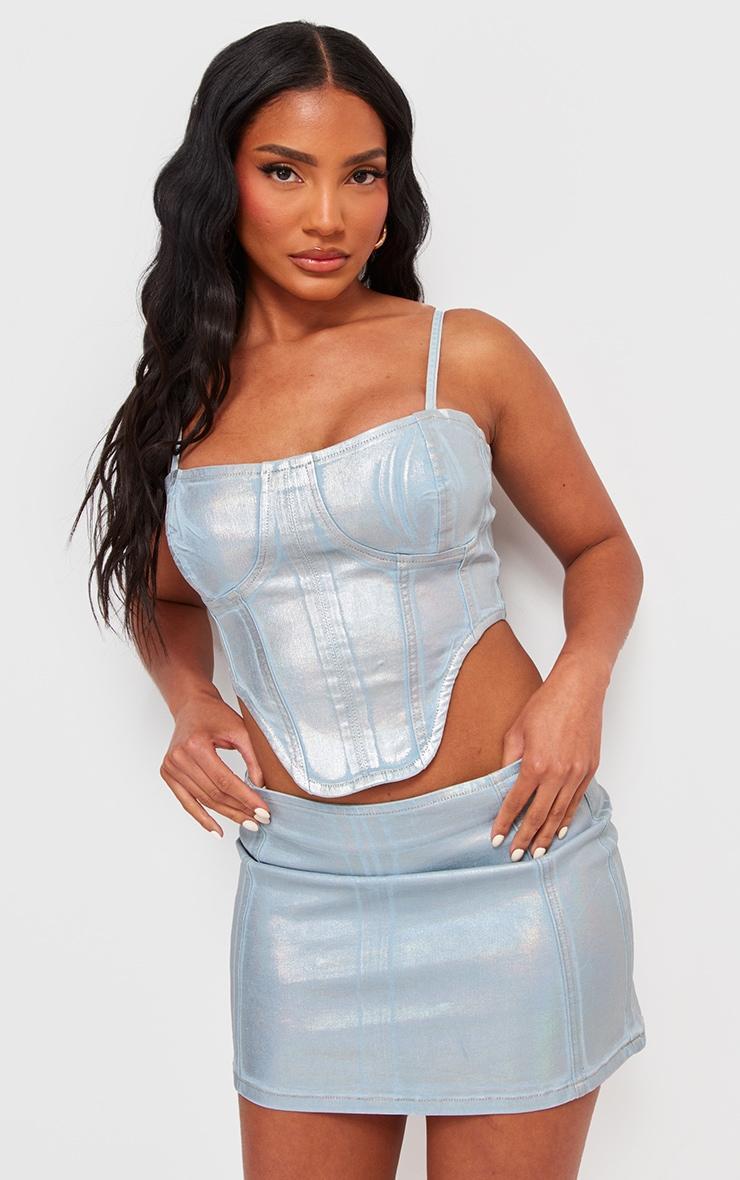 Silver Metallic Coated Denim Micro Mini Skirt Product Image