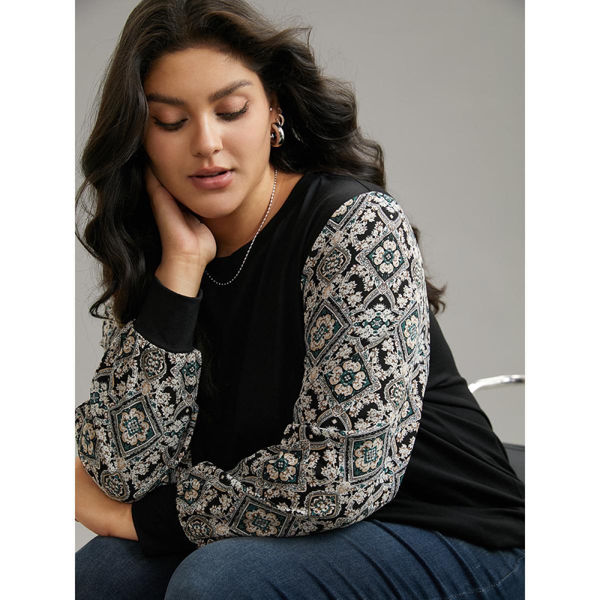 Plus Size Boho Print Patchwork Crew Neck T-shirt Black Women Elegant Printed Bohemian Print Round Neck Dailywear T-shirts BloomChic 28/5X Product Image
