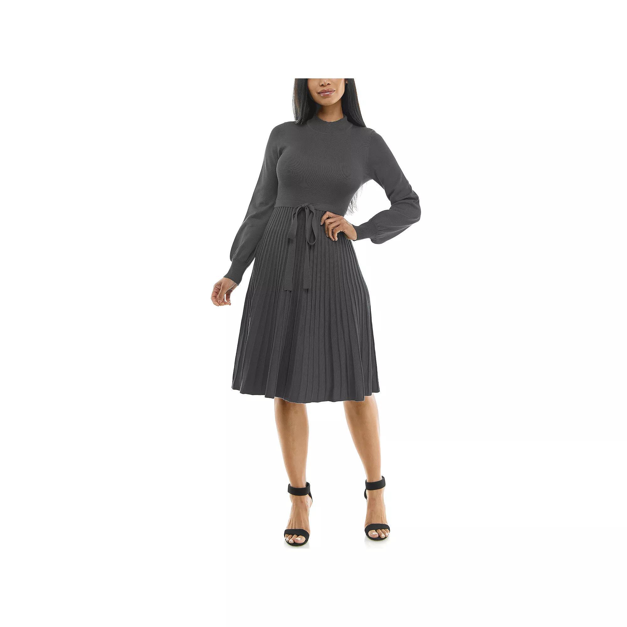 Women's Nina Leonard Balloon Sleeve Pleated Midi Sweater Dress,  Product Image
