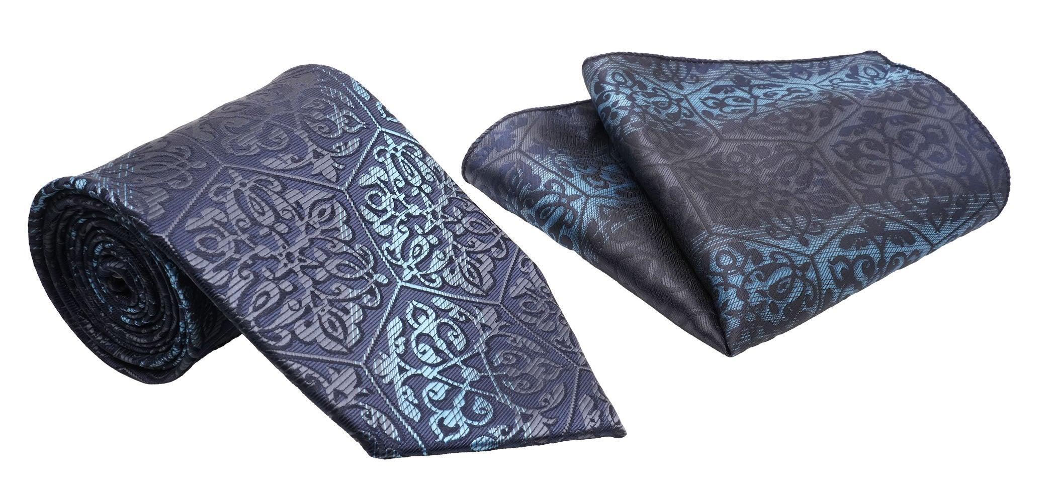 Blue Palmette Hexagon Pattern Men's Classic Tie and Pocket Square Set Male Product Image