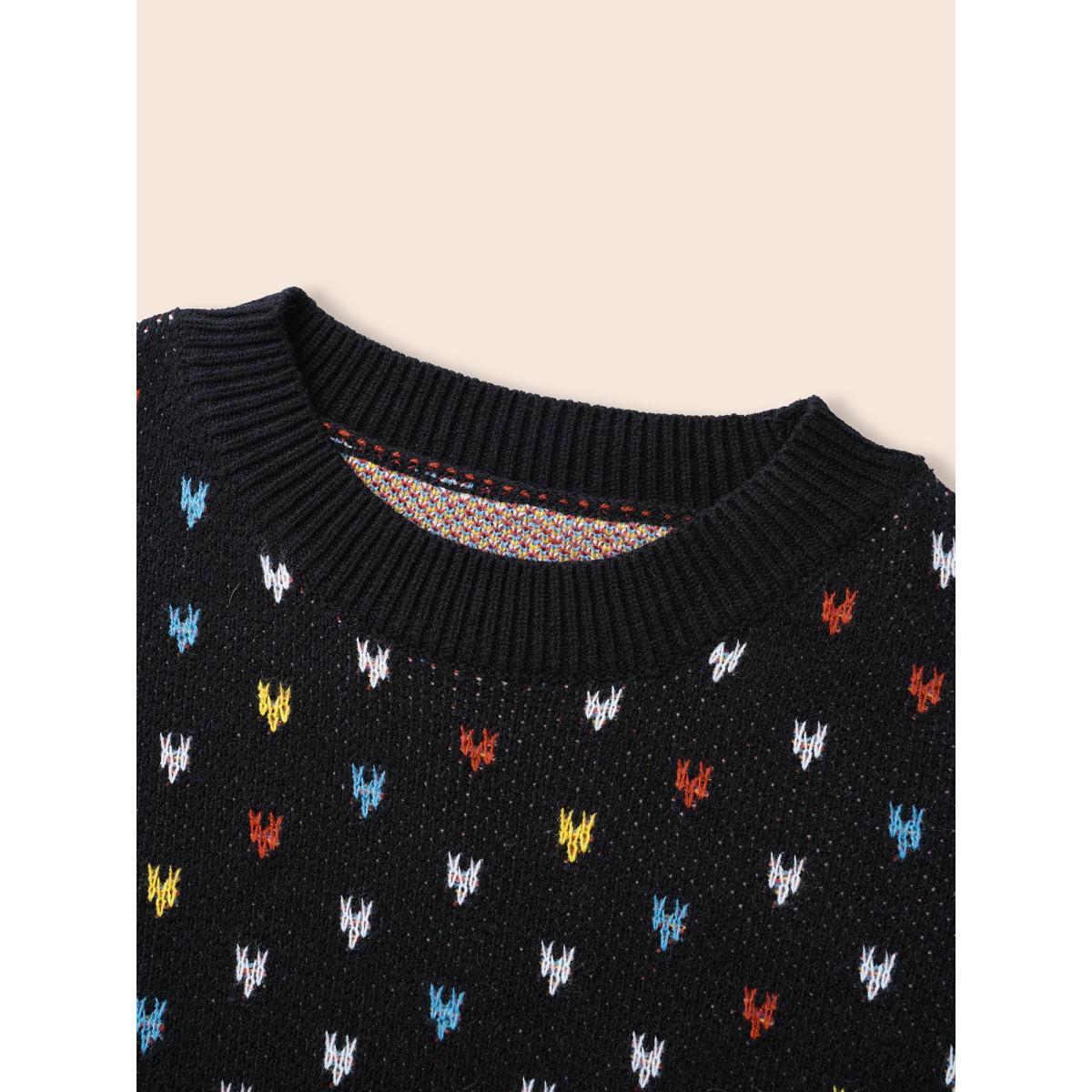 Plus Size Polka Dot Texture Split Hem Pullover Black Women Casual Long Sleeve Round Neck Everyday Pullovers BloomChic 12/L Product Image