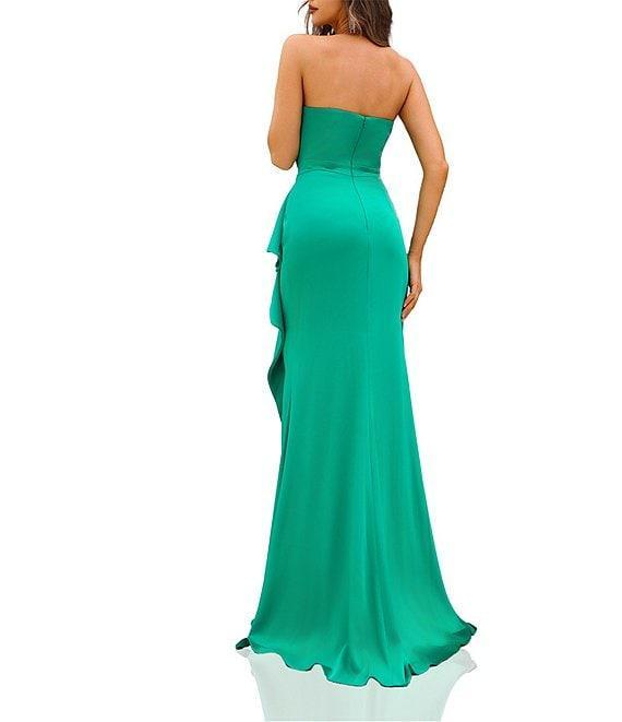 Terani Couture Strapless 3D Ruffle Front Slit Crepe Sheath Gown Product Image