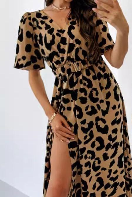 Elbow-Sleeve V-Neck Leopard Print Slit Midi A-Line Dress Product Image