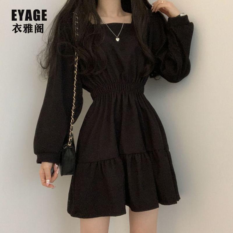 Long-Sleeve Square-Neck Plain Mini A-Line Dress Product Image