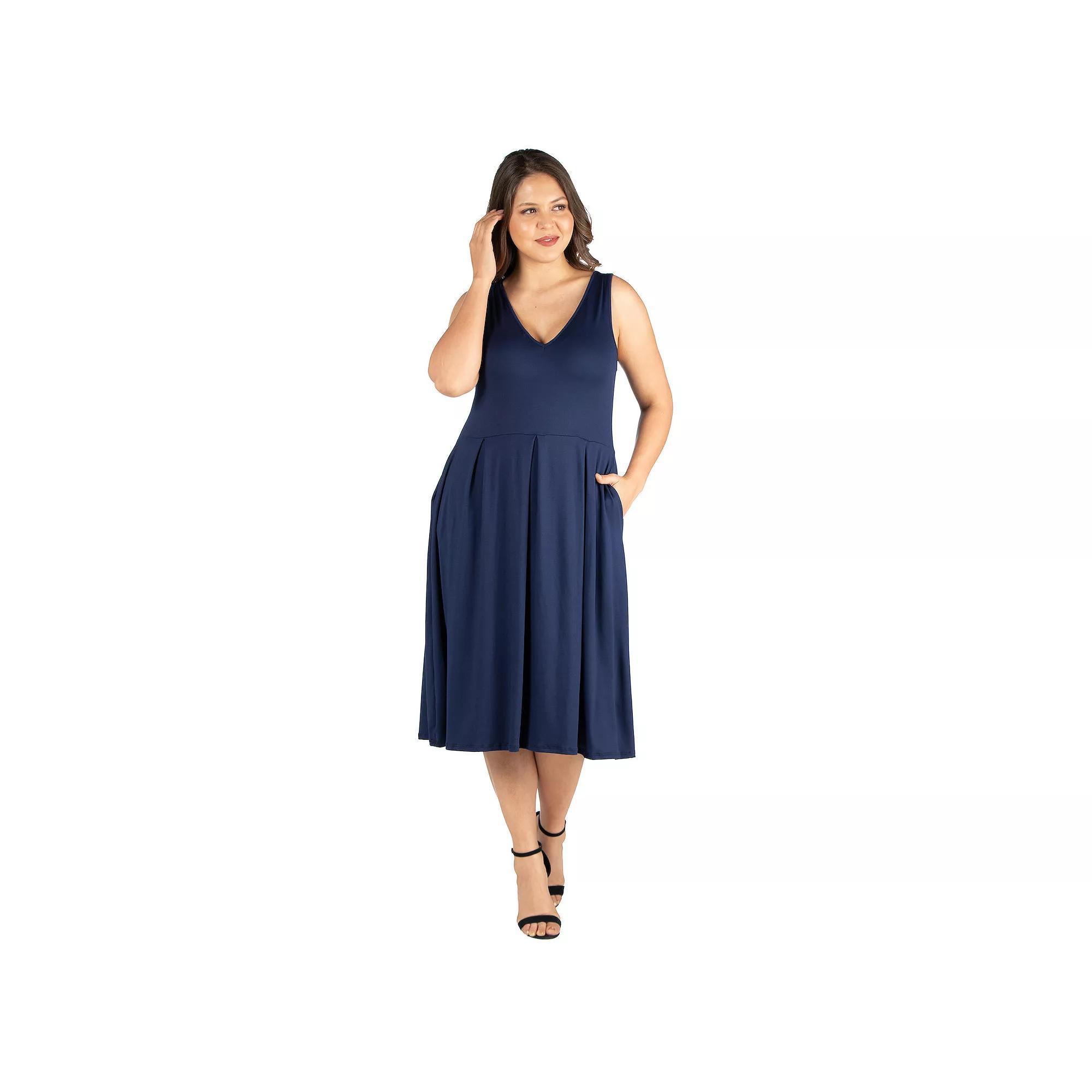 Plus Size 24seven Comfort Apparel Sleeveless Midi Fit and Flare Dress with Pockets, Women's, Size: 2XL, Blue Product Image